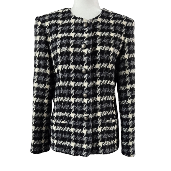 Vintage Talbots Cream Black Wool Blend Houndstooth Collarless Blazer Preppy - Picture 1 of 11